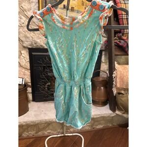Matilda Jane Aqua Confetti‎ Dot Romper Girls Size 6 Ruffles Pockets